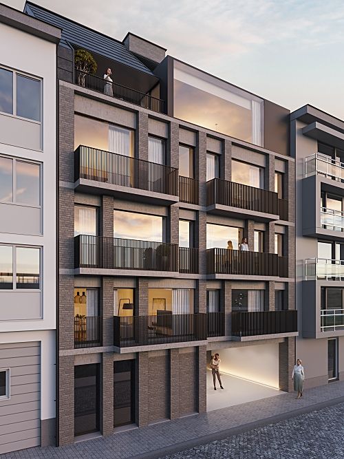 Residentie Kaaiman - gevel met uitgesproken verticale gemetste kolommen en strakke balkons