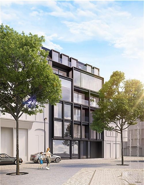 Residentie Samphire - gevel volledig in aluminium met doorlopende glazen balustrades, Groentemarkt Oostende