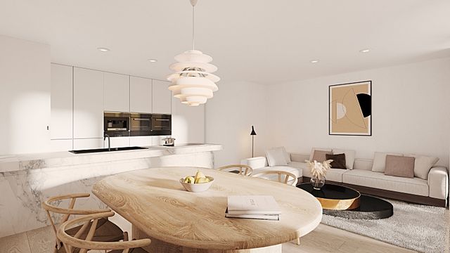 Residentie Kaaiman - render type appartement met open leefruimte en grote raampartijen