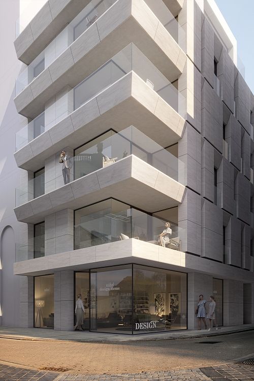 Residentie Savoye - natuurstenen gevel aan het Wapenplein met minimalistische raamprofielen
