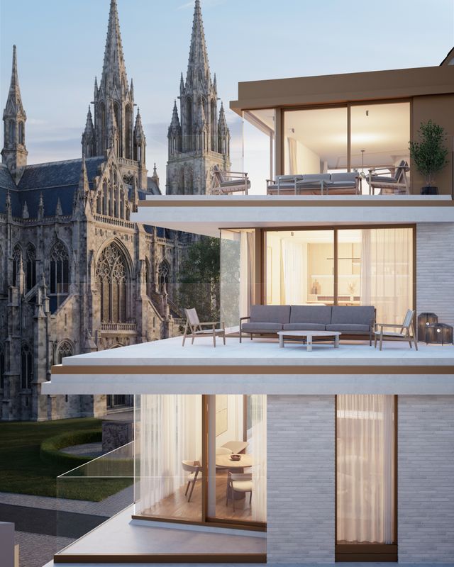 Residentie Crescent - terras met doorlopende glazen balustrade en zicht op de Petrus- en Pauluskerk