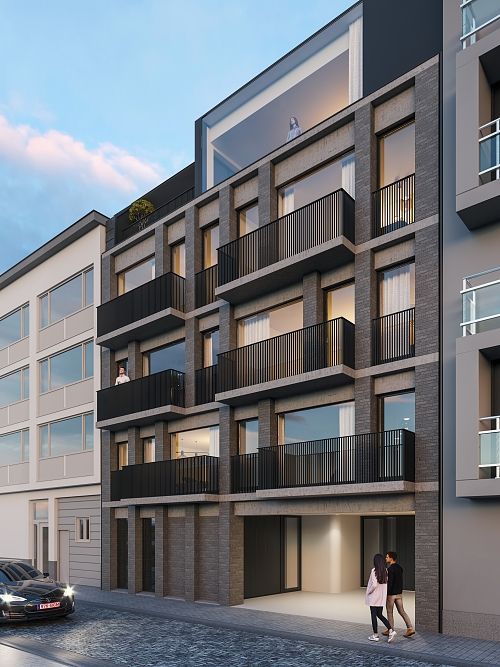 Residentie Kaaiman - moderne hedendaagse gevel in licht grijs genuanceerd metselwerk in de Ooststraat, Oostende