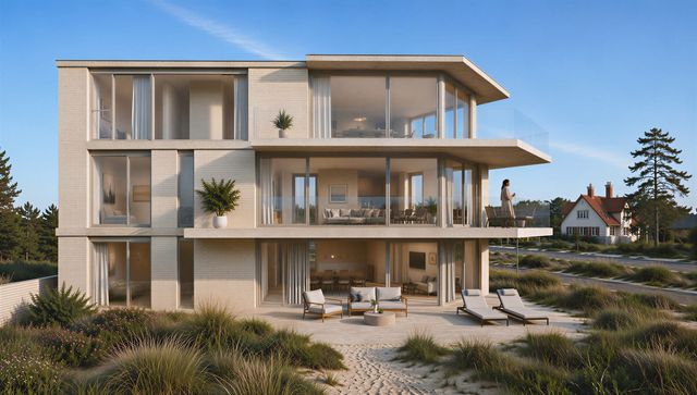 Residentie Verdure - zeezijde met doorlopende terrassen, grote glaspartijen en aansluitend duin met helmgras