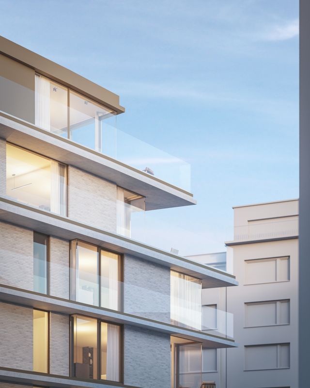 Residentie Crescent - terrasdetail met doorlopende glazen balustrade zonder verticale verdelingen