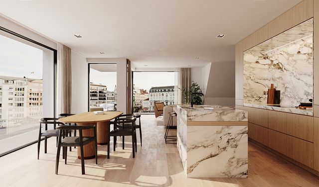 Residentie Savoye - leefruimte met open zicht op het Wapenplein en de toren van het Feest- en Cultuurpaleis