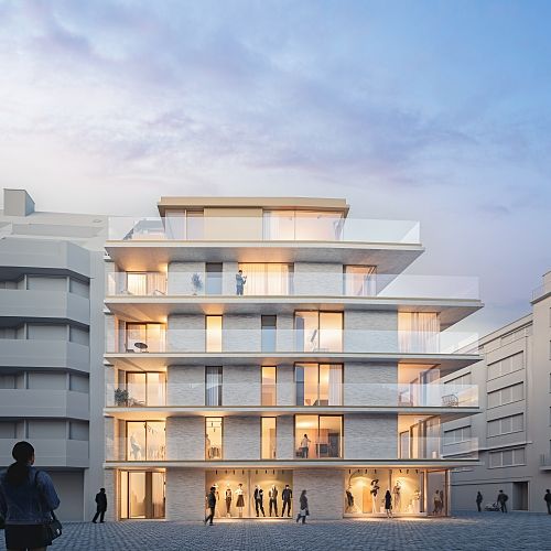 Residentie Crescent - 3D-render gevel met grote raampartijen en doorlopende glazen balustrades, hoek Kapellestraat en Jozef II-straat, Oostende